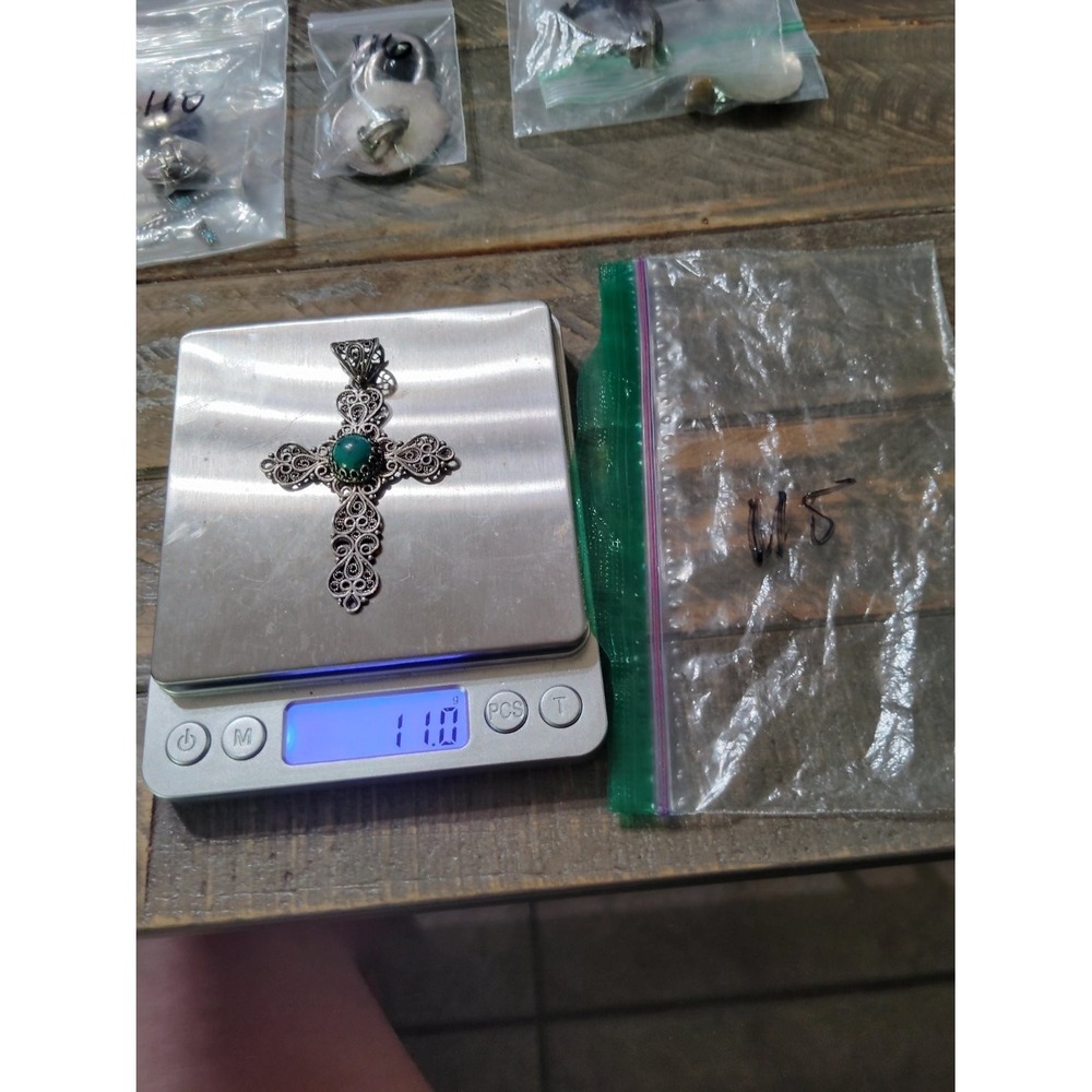 925 Sterling Silver Filigree Cross Pendant Turquoise Turkey 11g 3.5 Inch